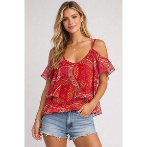 Show Me Your Mumu Red Paisley Cold Shoulder Ruffle‎ Blouse, Medium